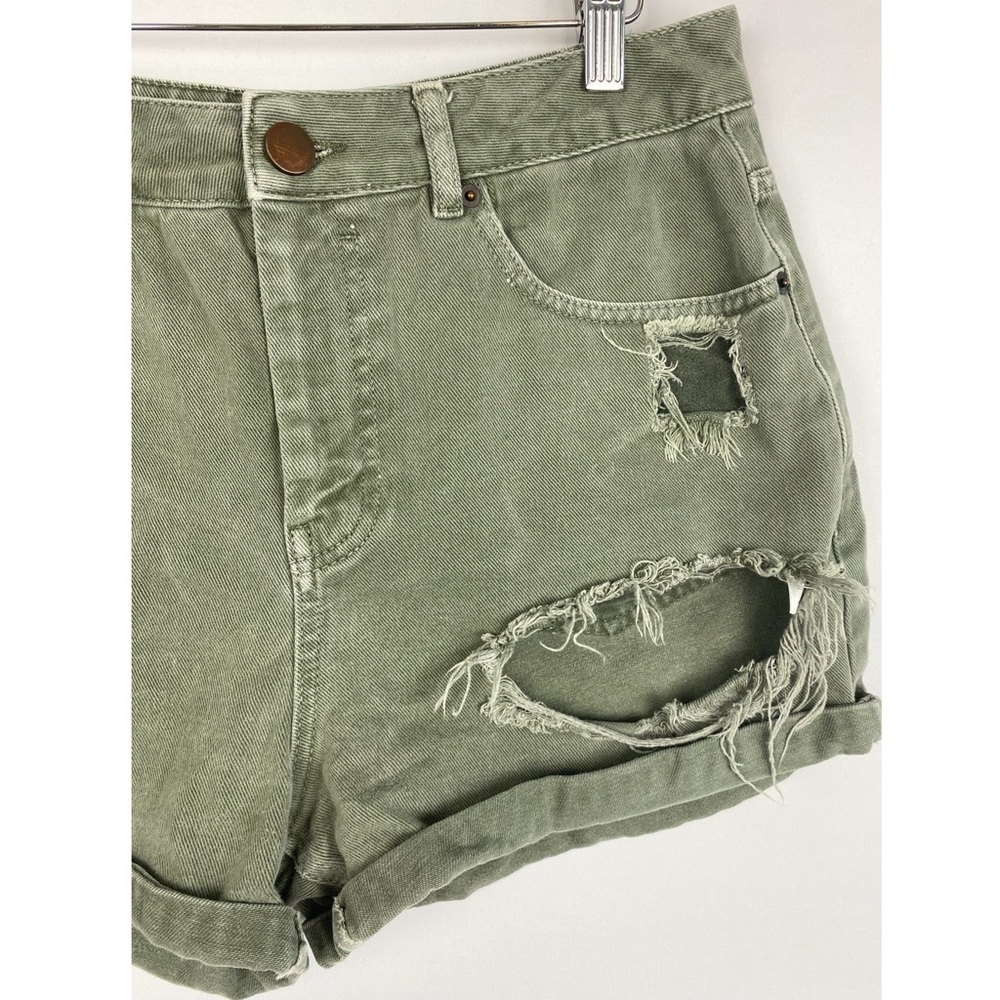 Asos Denim Distressed High Rise Roll Cuff Shorts, Olive Green - Size 10 - Picture 3 of 7
